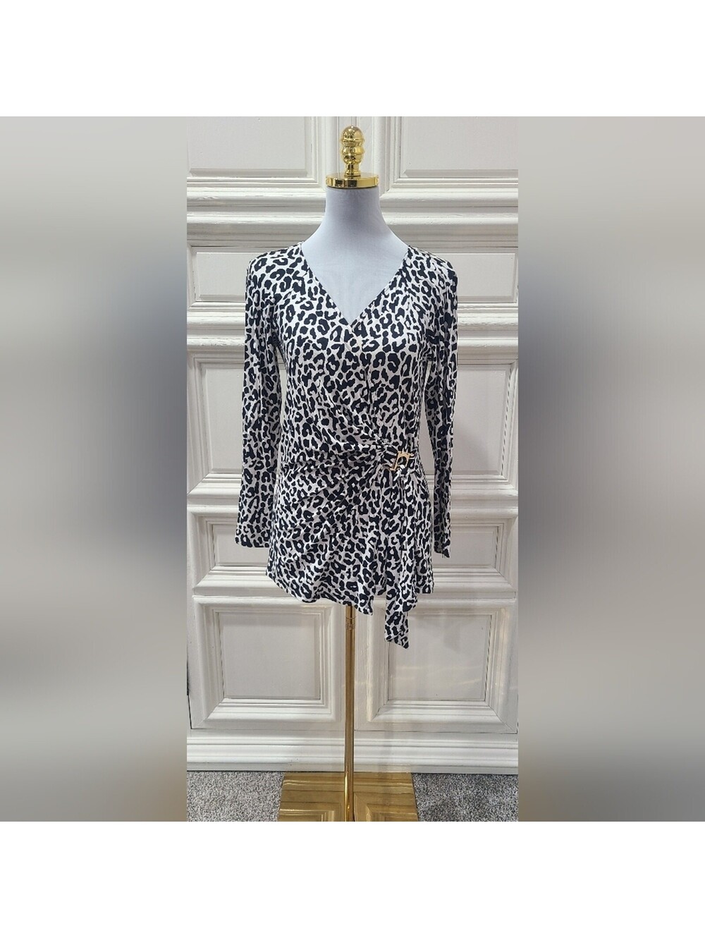 Cache Wrap Top Animal Print White And Black Size M